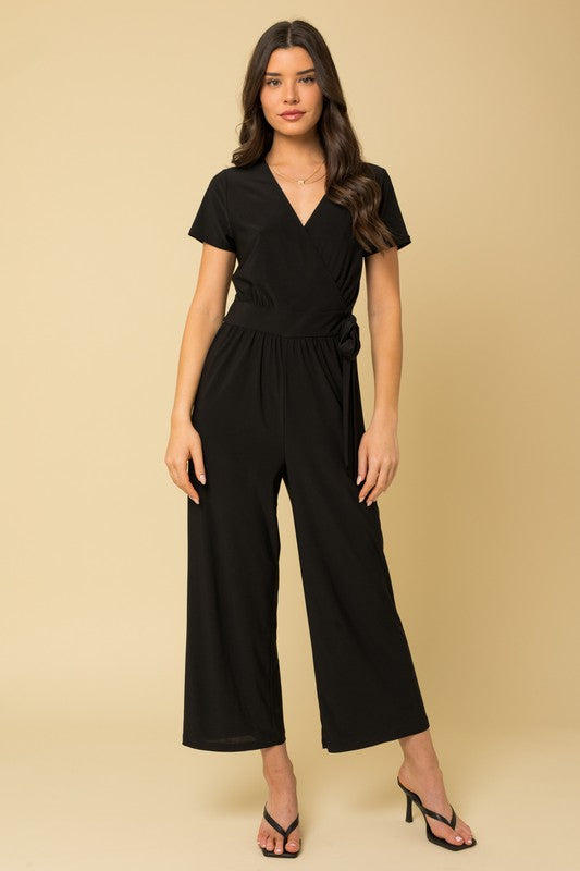Gilli Solid Surplice Cropped Jumpsuit with Faux Wrap