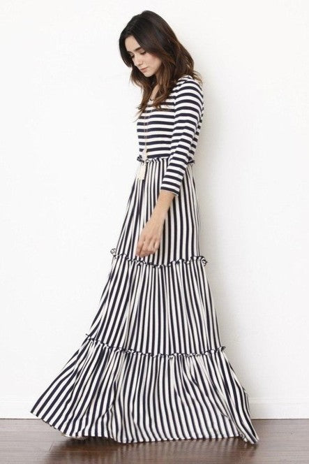EG fashion Stripe three tiered maxi dress