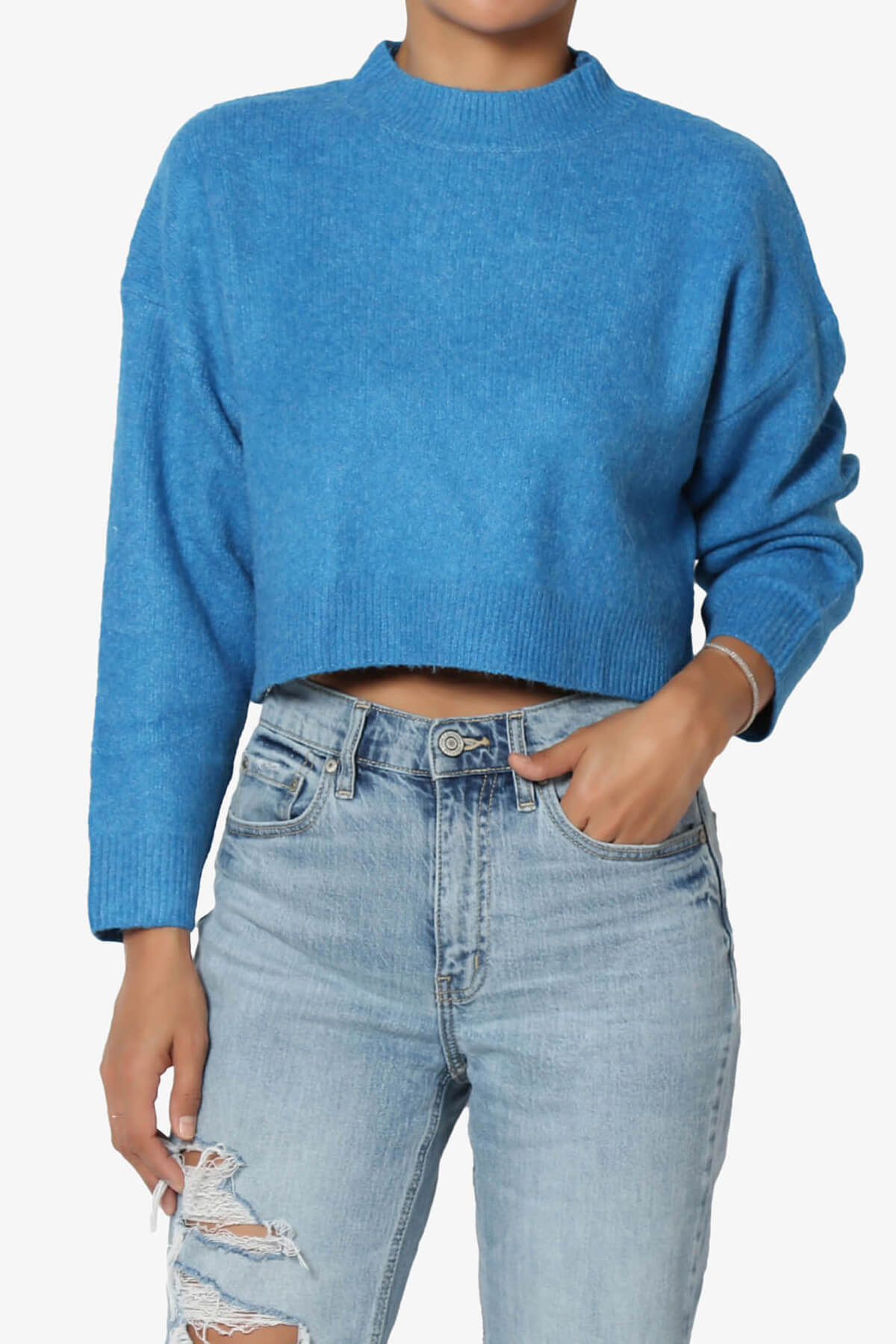 Bigmona Long Sleeve Crop Knit Sweater BLUE_1
