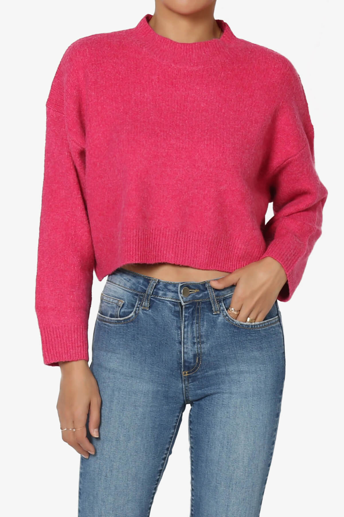 Bigmona Long Sleeve Crop Knit Sweater FUCHSIA_1