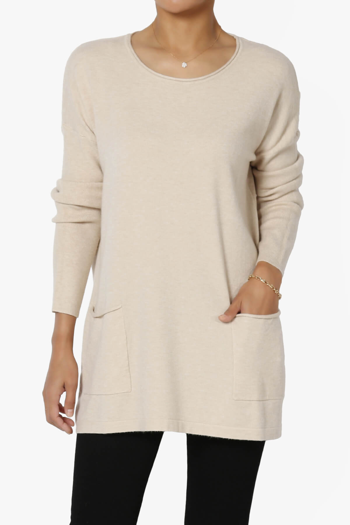 Brecken Pocket Long Sleeve Soft Knit Sweater Tunic HEATHER BEIGE_1