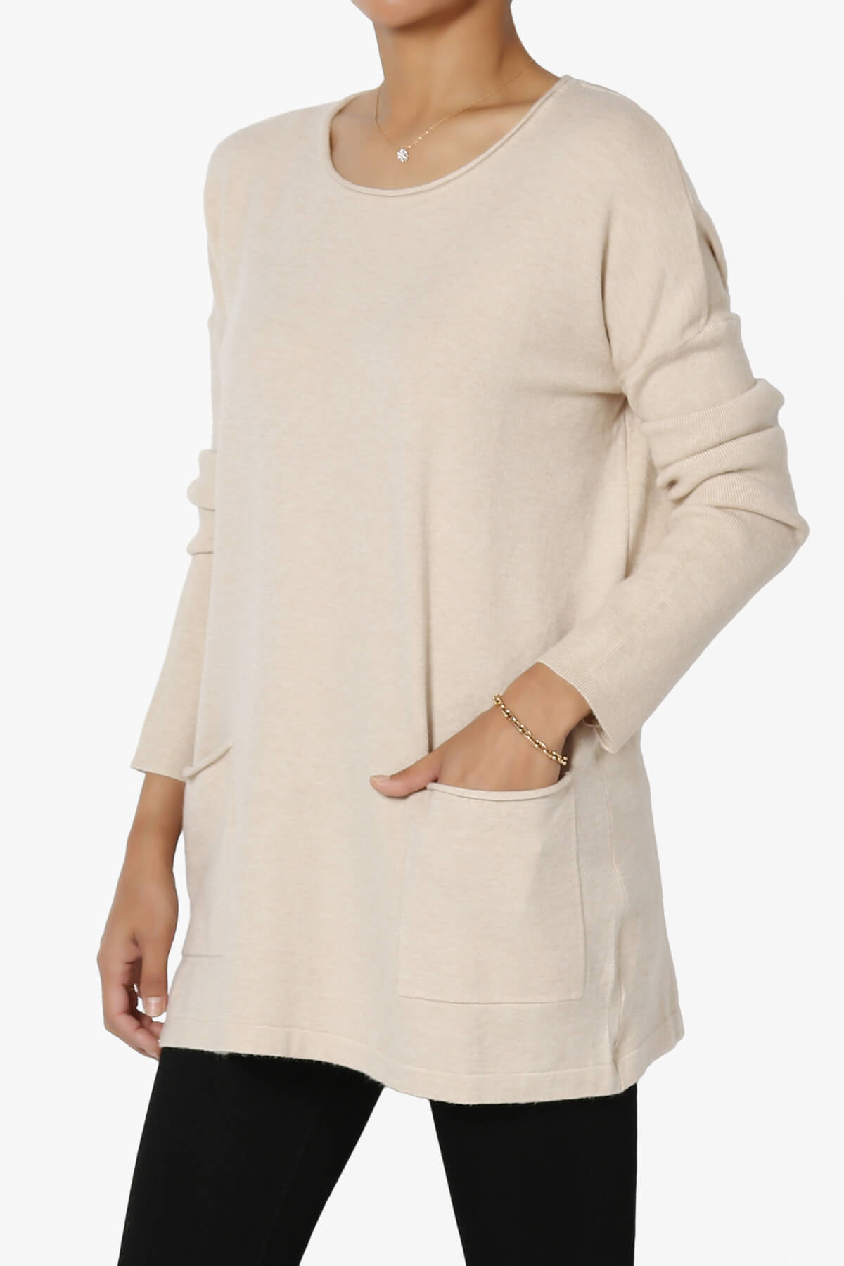 Brecken Pocket Long Sleeve Soft Knit Sweater Tunic HEATHER BEIGE_3