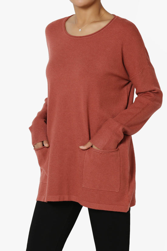 Brecken Pocket Long Sleeve Soft Knit Sweater Tunic RUST_3