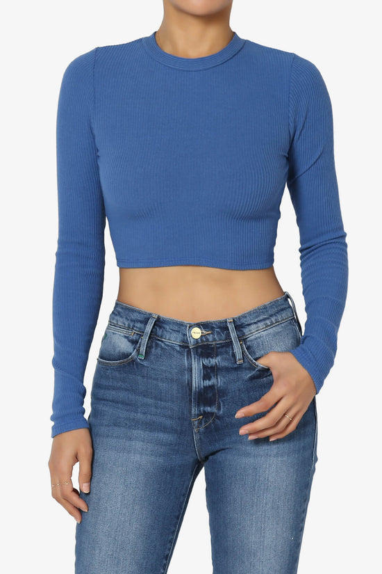 Costello Open Back Tie Long Sleeve Ribbed Top BLUE_2