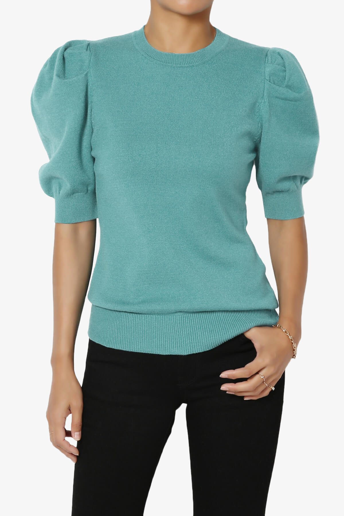 Isabella Puff Short Sleeve Knit Sweater DUSTY TEAL_1