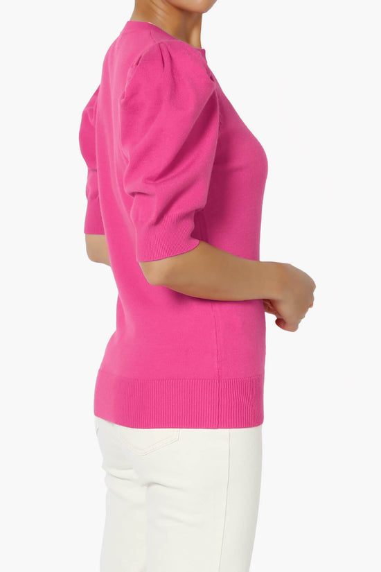 Isabella Puff Short Sleeve Knit Sweater NEON HOT PINK_4