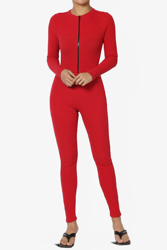 Rebecka Ribbed Zip-Up Long Sleeve Jumpsuit RED_1