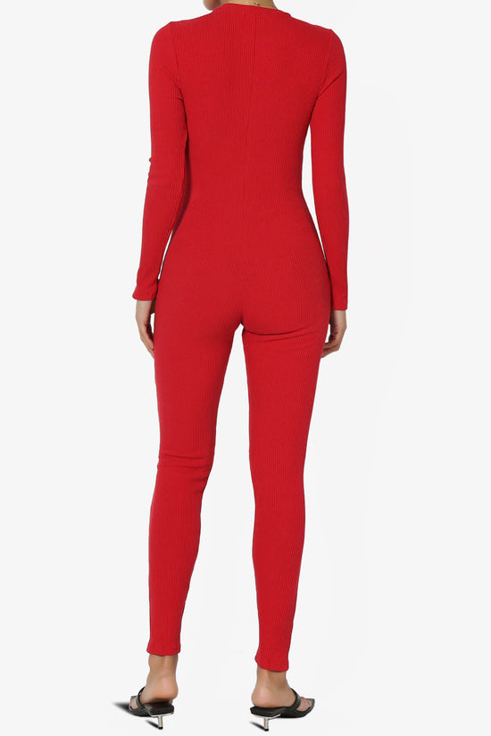 Rebecka Ribbed Zip-Up Long Sleeve Jumpsuit RED_2