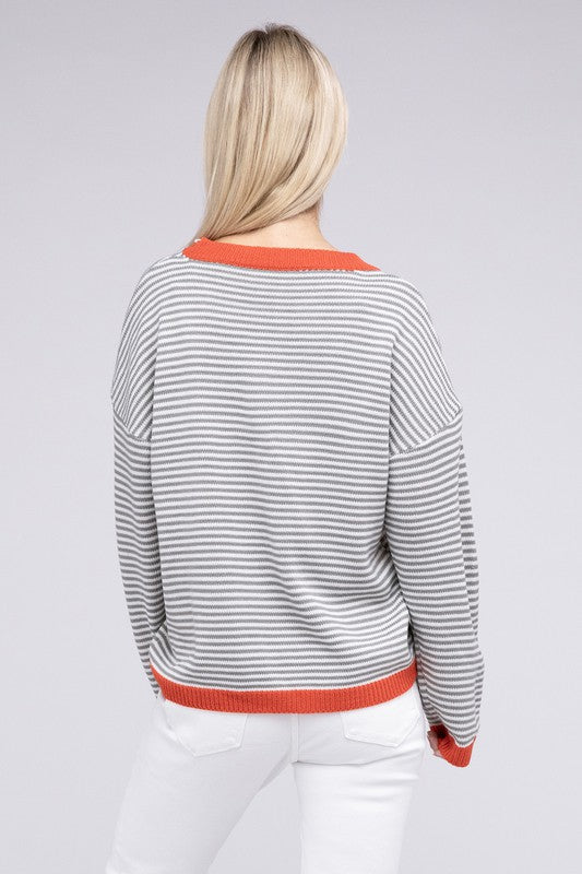 Nuvi Apparel Contrast Trimmed Striped Pullover Knit Top