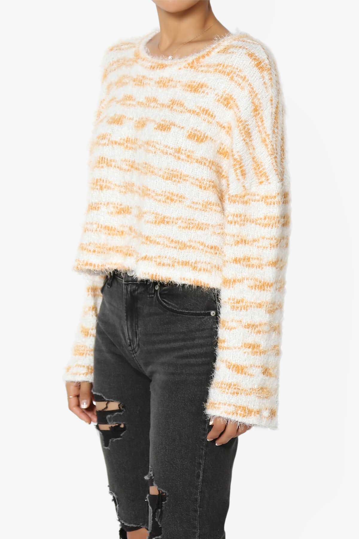 Carrine Fuzzy Stripe Crop Sweater MUSTARD_3