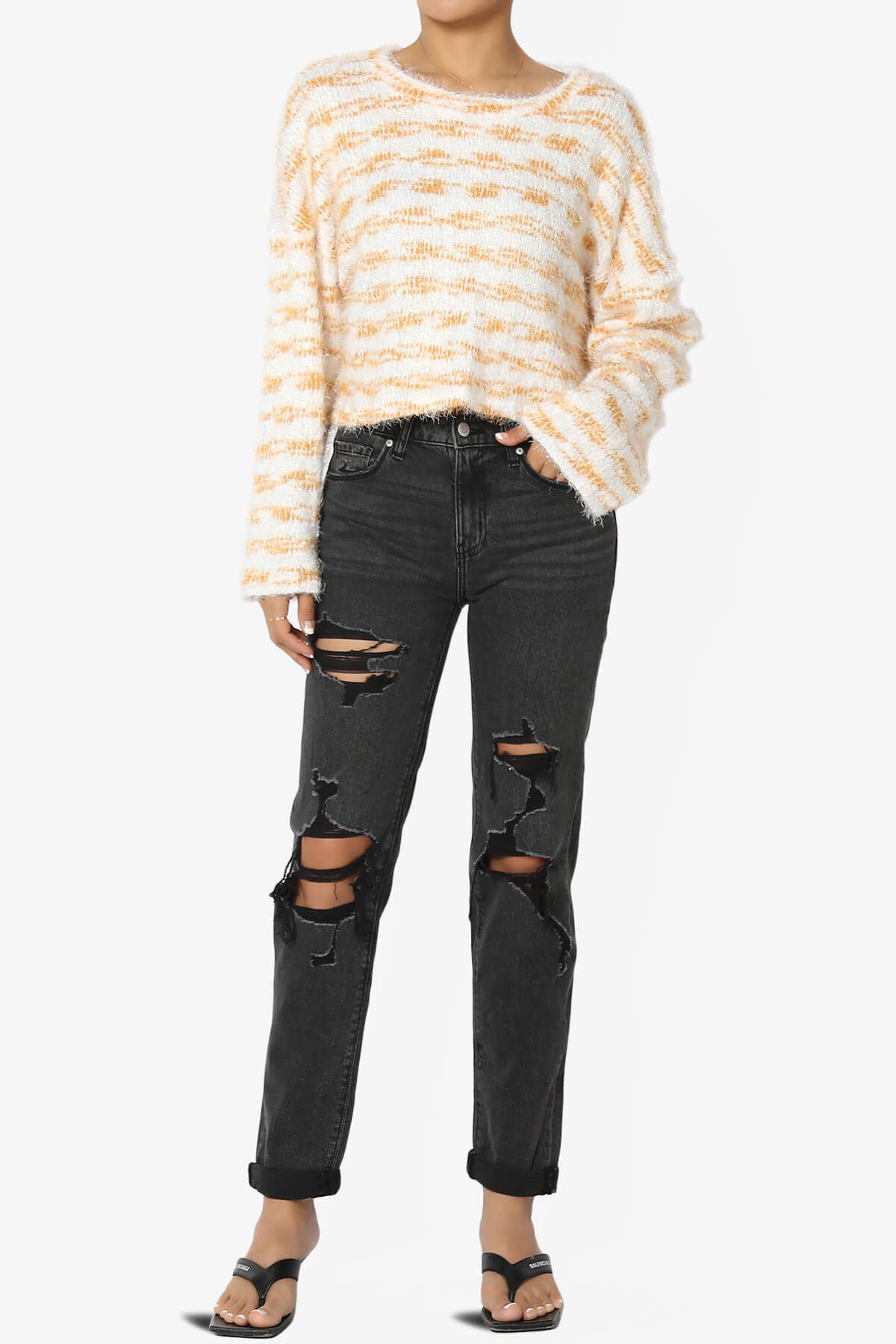 Carrine Fuzzy Stripe Crop Sweater MUSTARD_6