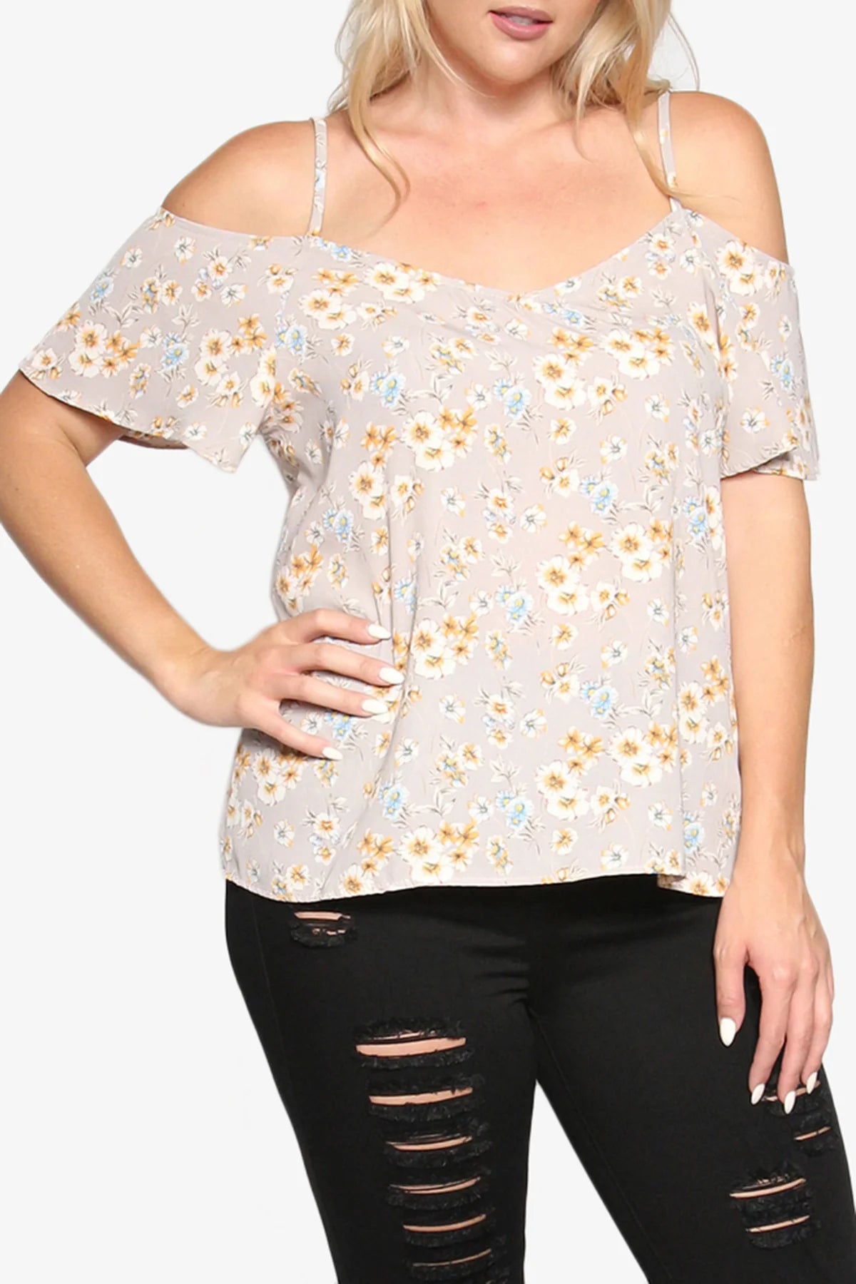 Woman wearing TheMogan’s Floral Print Cold Shoulder Top