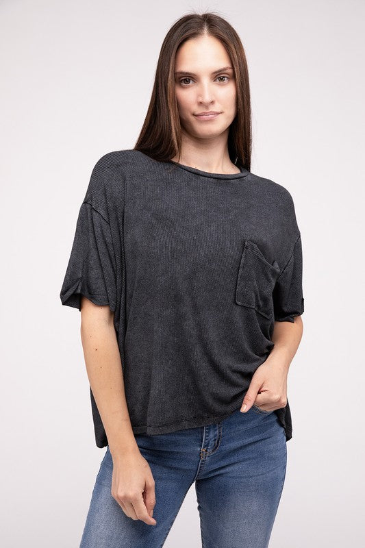 ZENANA Washed Ribbed Cuffed Short Sleeve Round Neck Top