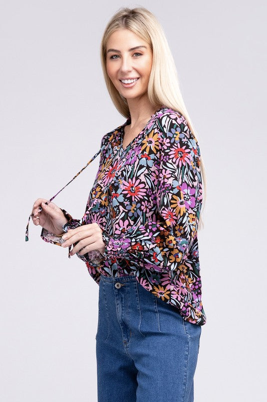 Nuvi Apparel Floral Print Tie V Neck Blouse