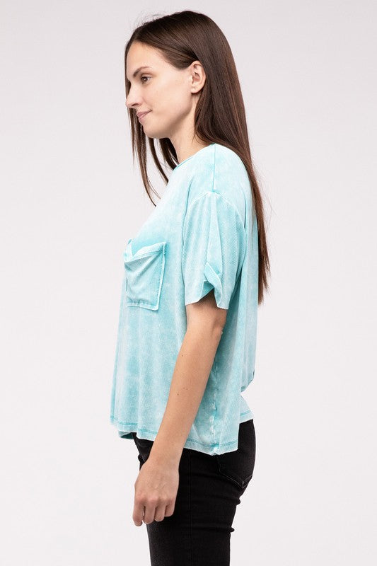 ZENANA Washed Ribbed Cuffed Short Sleeve Round Neck Top