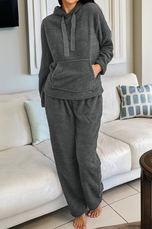 JUNIPER BLVD Fuzzy Drawstring Hoodie and Pants Lounge Set