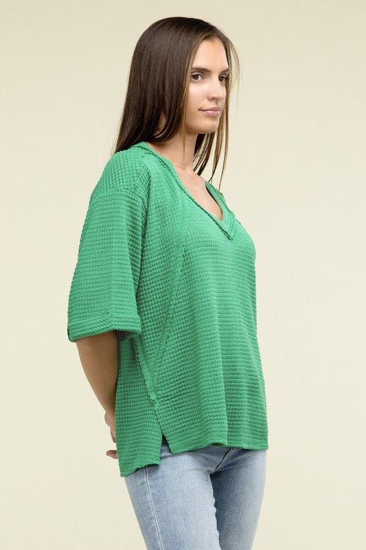 ZENANA Brushed Waffle Exposed-Seam 3/4 Sleeve Top