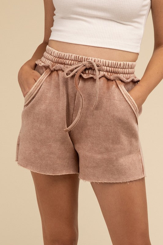 ZENANA Acid Wash Fleece Drawstring Shorts with Pockets