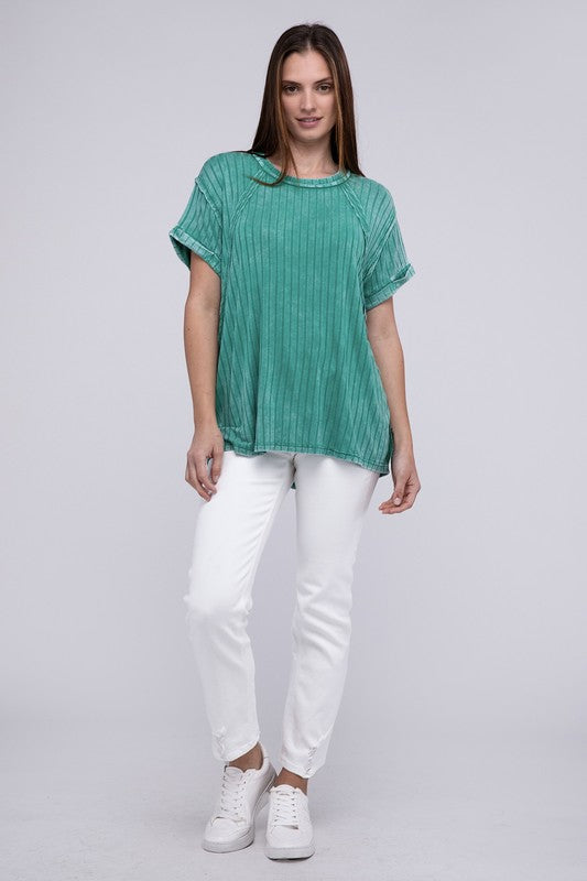 ZENANA Ribbed Raglan Dolman Sleeve Boat-Neck Top