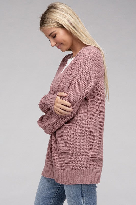 ZENANA Low Gauge Waffle Open Cardigan Sweater