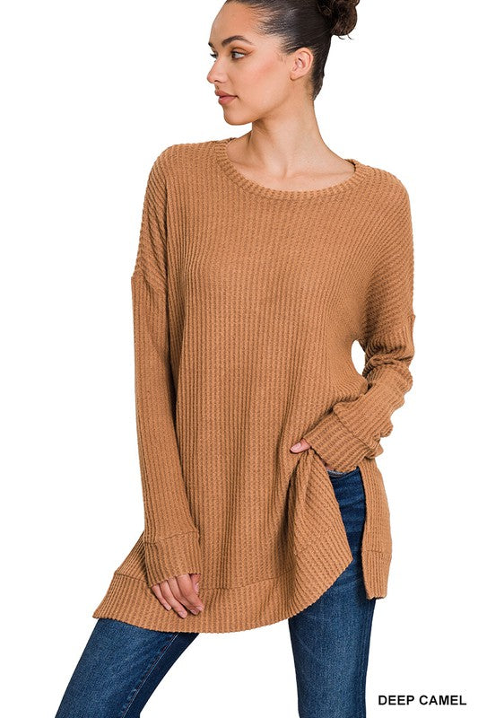 ZENANA Brushed Thermal Waffle Round Neck Sweater