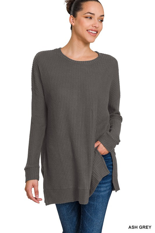 ZENANA Brushed Thermal Waffle Round Neck Sweater