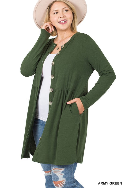 Load image into Gallery viewer, ZENANA Plus Shirred Waist Buttoned Cardigan
