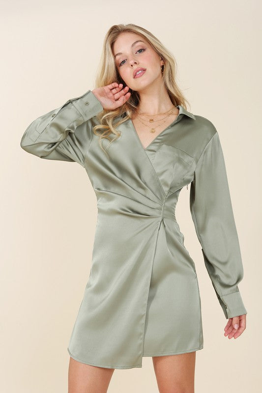 Lilou Satin collared wrap mini dress