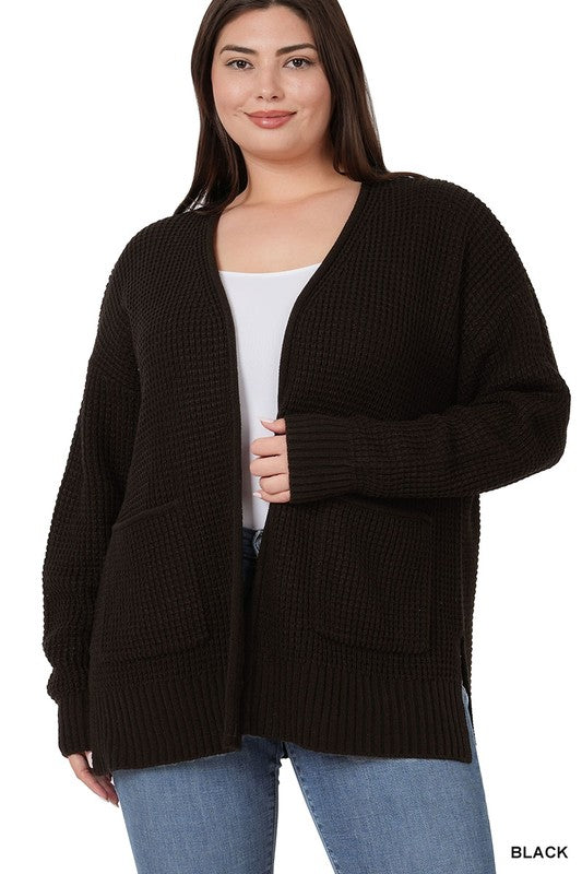ZENANA Plus Low Gauge Waffle Open Cardigan Sweater