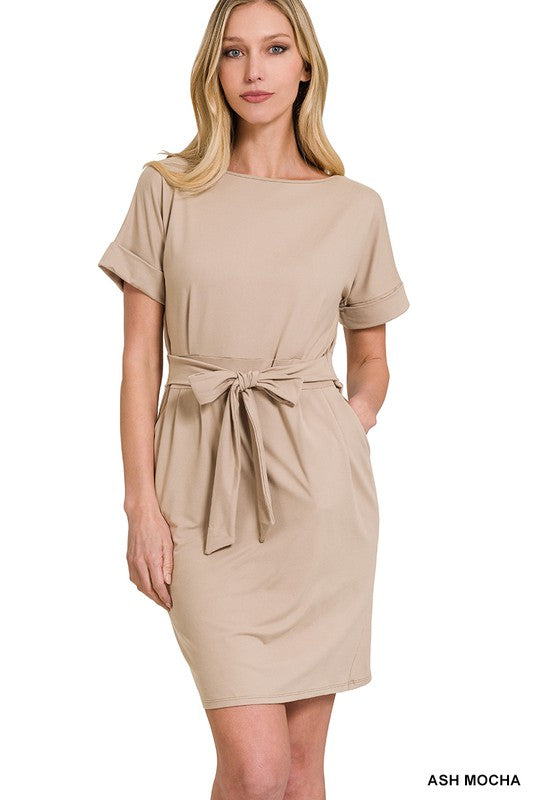 ZENANA Brushed DTY Tie-Belt Dress