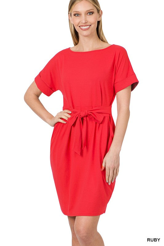 ZENANA Brushed DTY Tie-Belt Dress