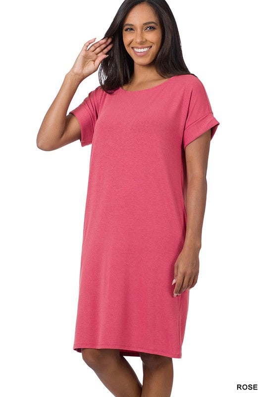 ZENANA Rolled Short Sleeve Round Neck Dress