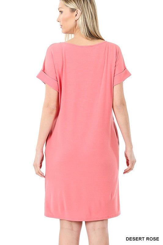 ZENANA Rolled Short Sleeve Round Neck Dress