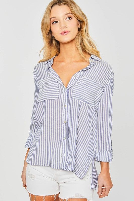 Love Tree Love Tree Striped Roll Up Sleeve Button Down Blouse Shirts