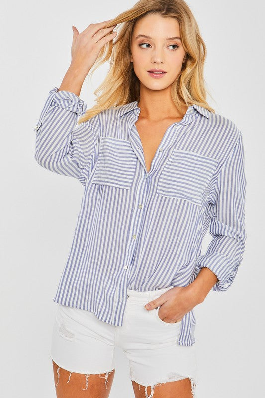 Love Tree Love Tree Striped Roll Up Sleeve Button Down Blouse Shirts