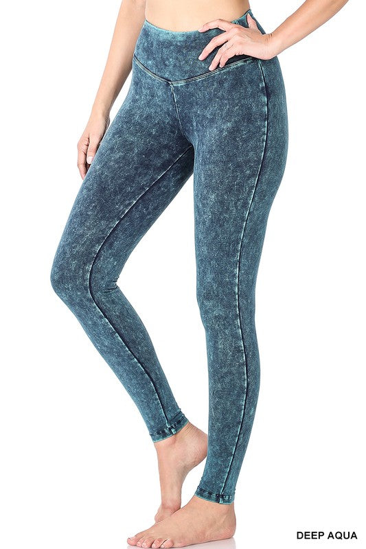 ZENANA Mineral Washed Wide Waistband Yoga Leggings