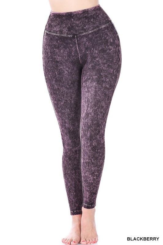 ZENANA Mineral Washed Wide Waistband Yoga Leggings