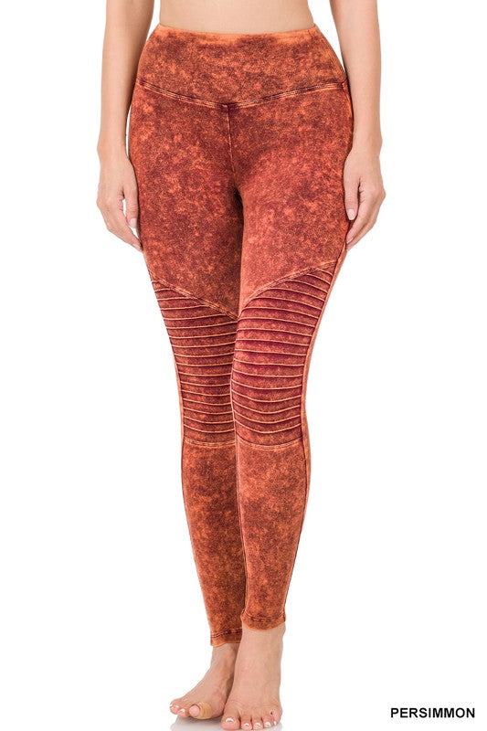 ZENANA Mineral Washed Wide Waistband Moto Leggings