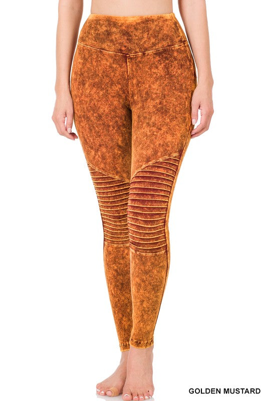 ZENANA Mineral Washed Wide Waistband Moto Leggings