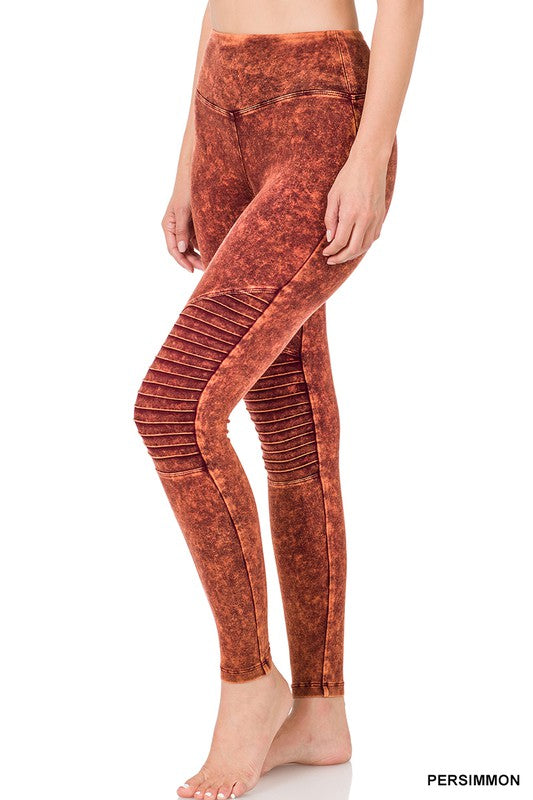 ZENANA Mineral Washed Wide Waistband Moto Leggings