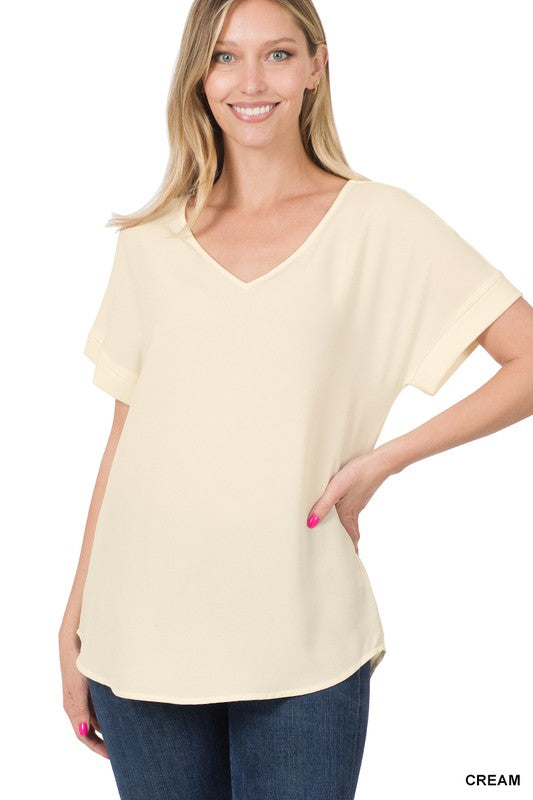 Load image into Gallery viewer, ZENANA Woven Heavy Dobby Rolled Sleeve V-Neck Top
