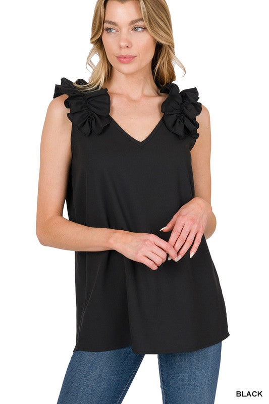 ZENANA Woven Wool Dobby Ruffle Trim Sleeveless Top