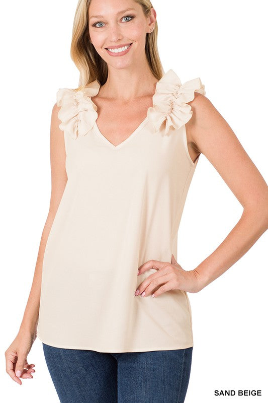 ZENANA Woven Wool Dobby Ruffle Trim Sleeveless Top