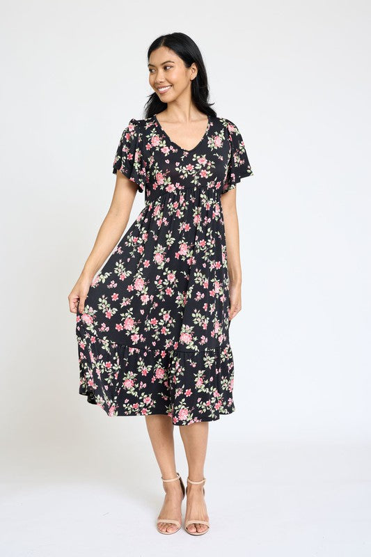 EG fashion Floral Angel Sleeve Midi Dress