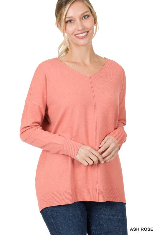 ZENANA Hi-Low Garment Dyed V-Neck Front Seam Sweater