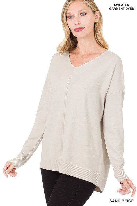 ZENANA Hi-Low Garment Dyed V-Neck Front Seam Sweater