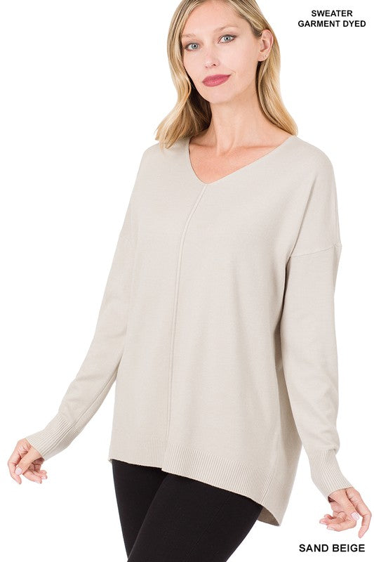 Load image into Gallery viewer, ZENANA Hi-Low Garment Dyed V-Neck Front Seam Sweater
