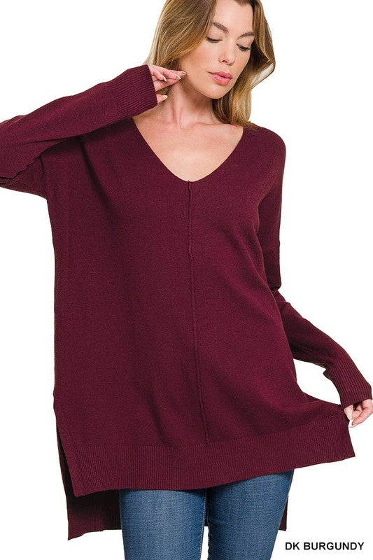 ZENANA Hi-Low Hem V-Neck Center Seam Sweater