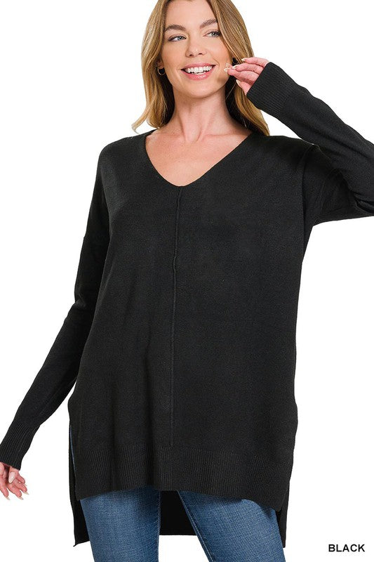 ZENANA Hi-Low Hem V-Neck Center Seam Sweater