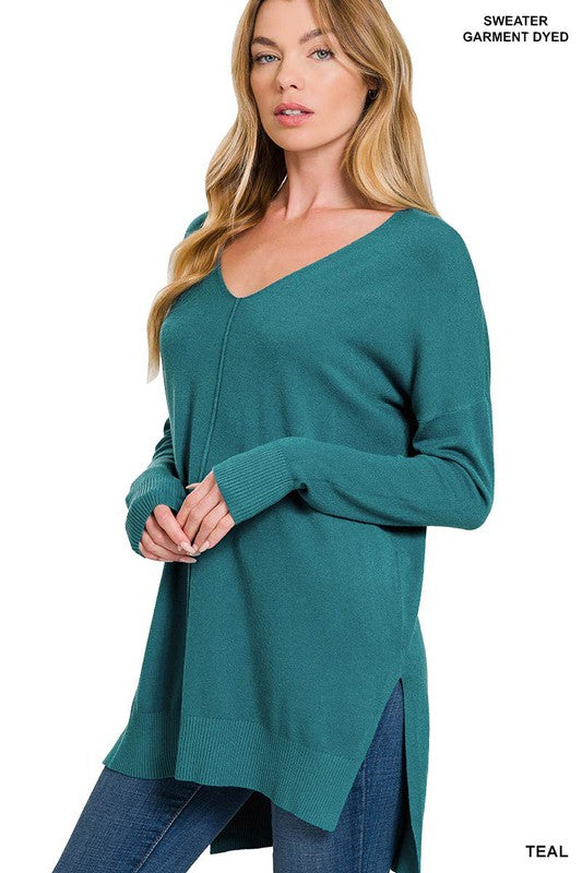 ZENANA Hi-Low Hem V-Neck Center Seam Sweater